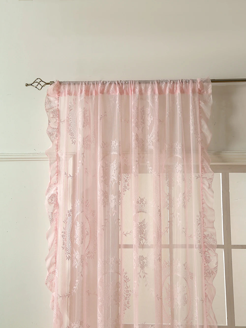 Lace Sheer Curtains with Scallop Ruffle Edge for Living Room Farmhouse