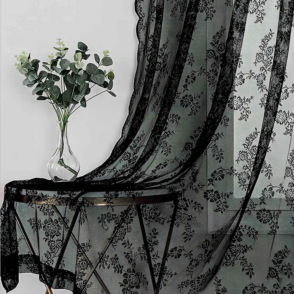 1pc Romantic Lace Sheer Curtain, Rod Pocket Flower Lace Window Curtains for Living Room