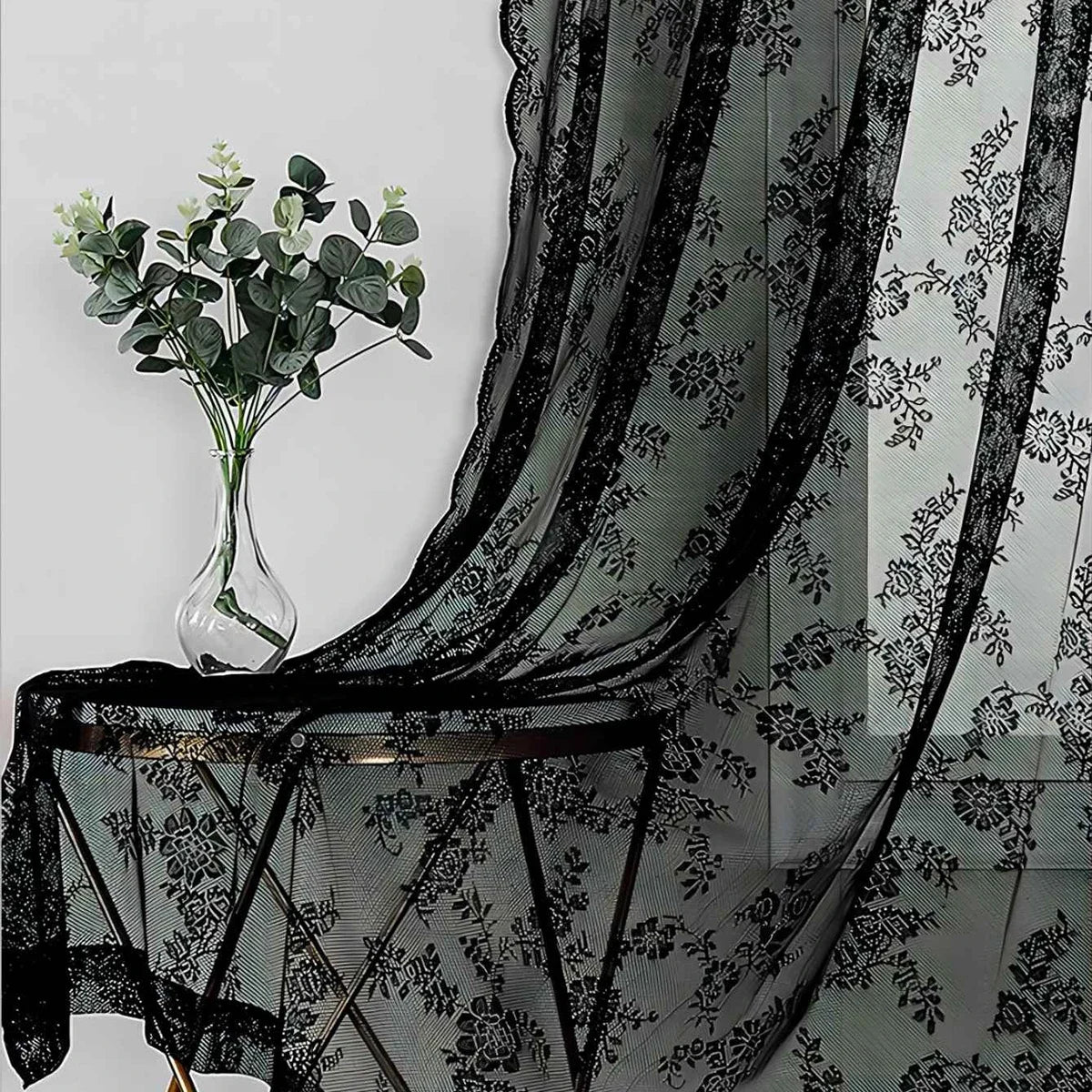 1pc Romantic Lace Sheer Curtain, Rod Pocket Flower Lace Window Curtains for Living Room
