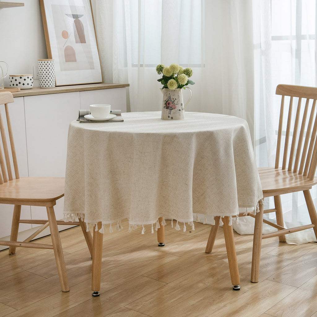 Linen Cotton Plain Tablecloth with Tassels Round Table Household