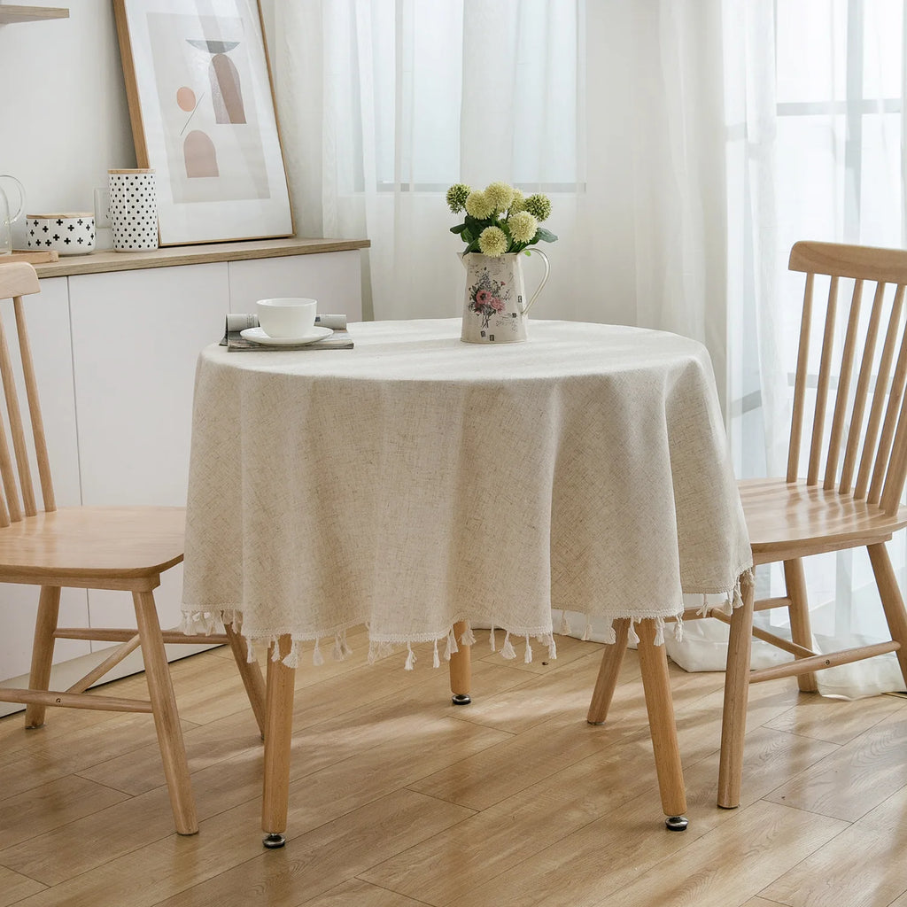 Linen Cotton Plain Tablecloth with Tassels Round Table Household