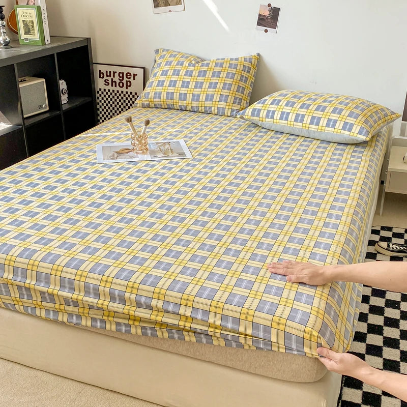 Plaid Style Fitted Sheet Skin-friendly Bed Cover Elastic Bedsheet for