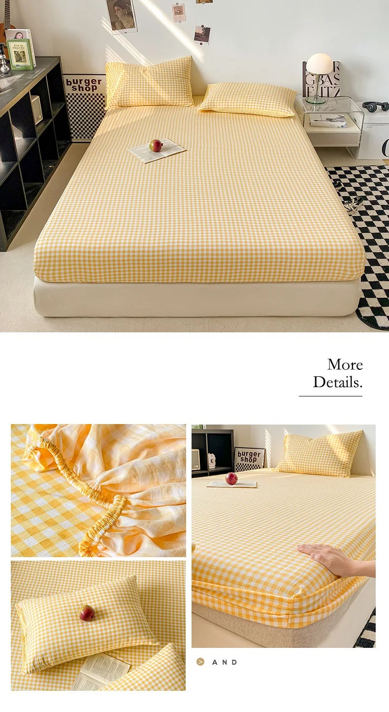 Plaid Style Fitted Sheet Skin-friendly Bed Cover Elastic Bedsheet for