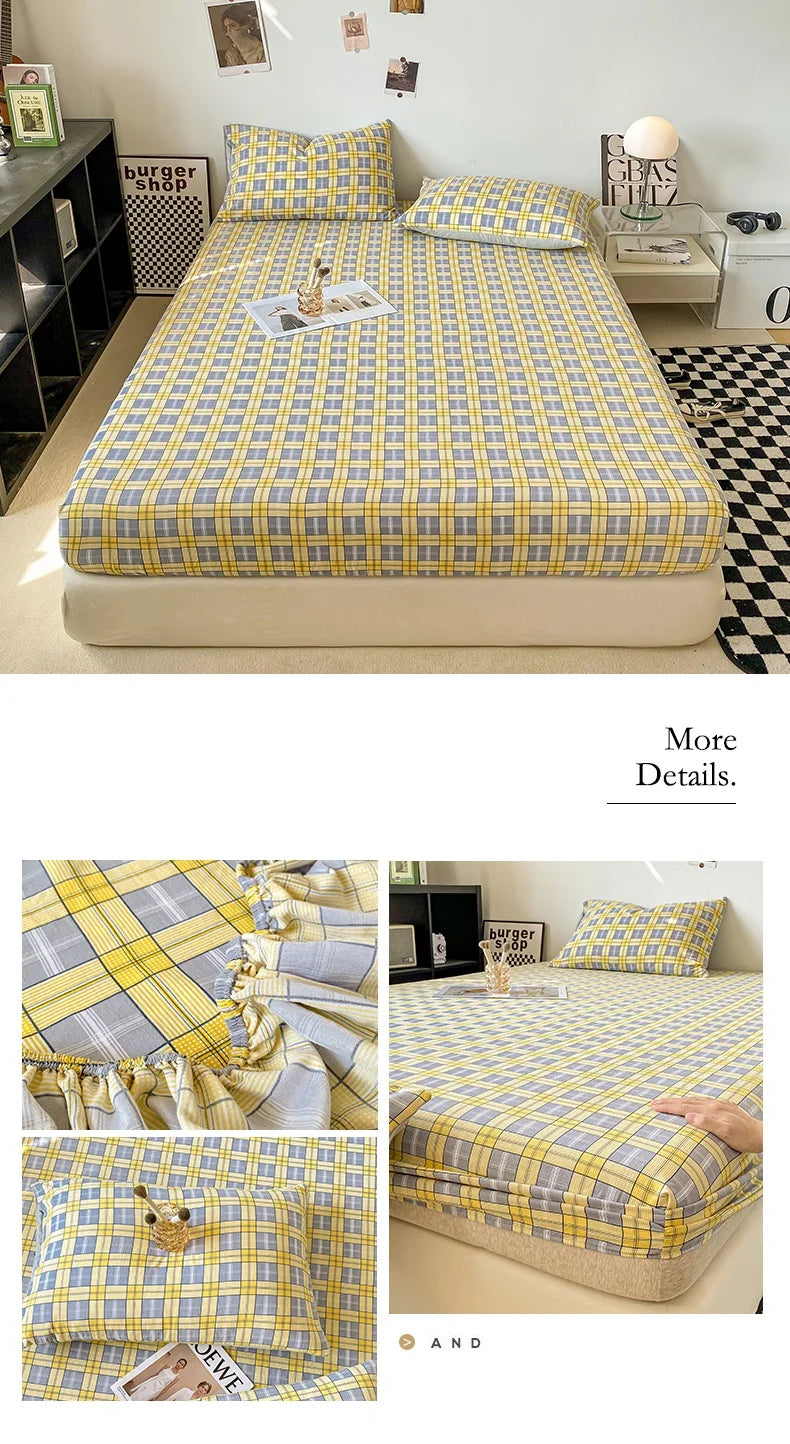 Plaid Style Fitted Sheet Skin-friendly Bed Cover Elastic Bedsheet for