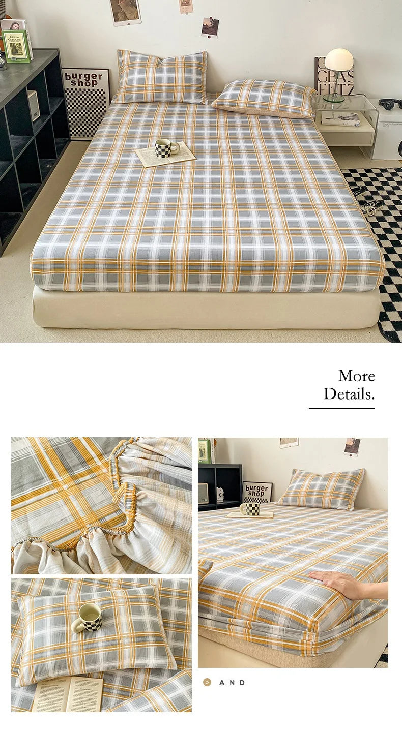 Plaid Style Fitted Sheet Skin-friendly Bed Cover Elastic Bedsheet for
