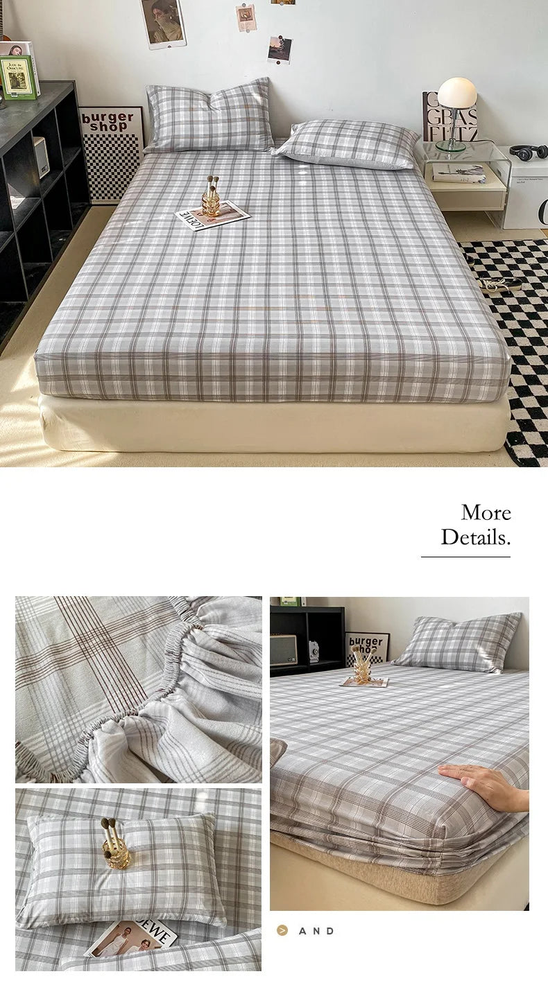 Plaid Style Fitted Sheet Skin-friendly Bed Cover Elastic Bedsheet for