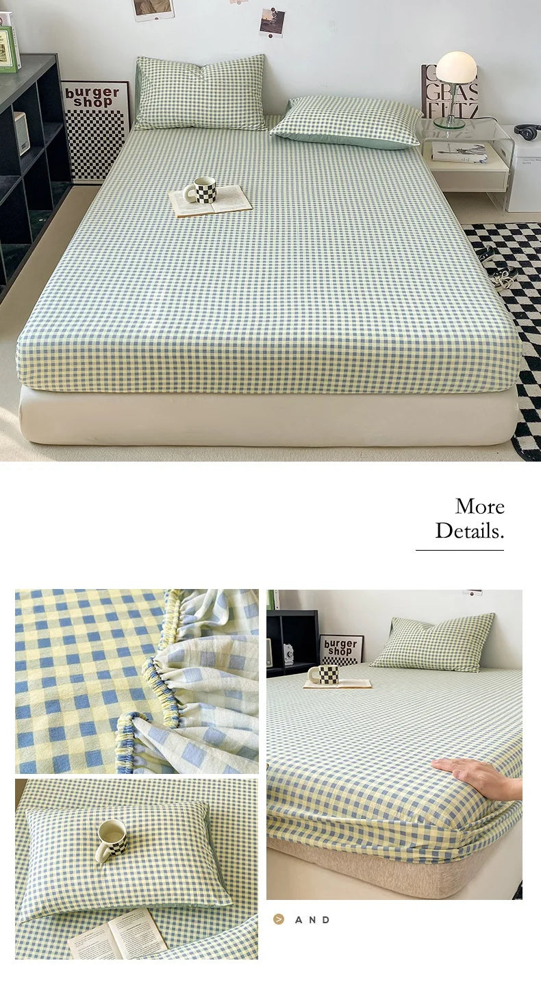 Plaid Style Fitted Sheet Skin-friendly Bed Cover Elastic Bedsheet for