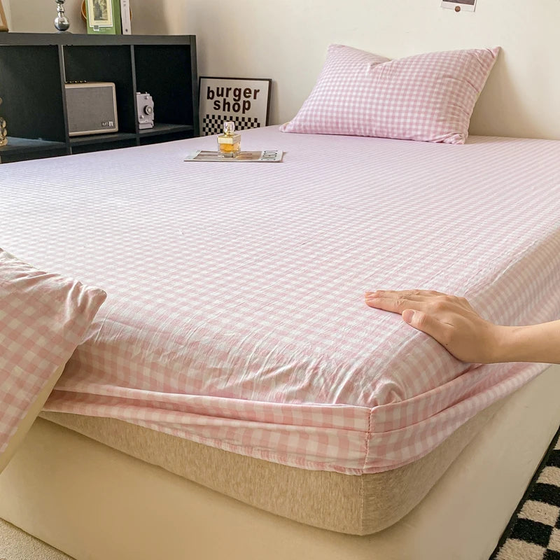 Plaid Style Fitted Sheet Skin-friendly Bed Cover Elastic Bedsheet for