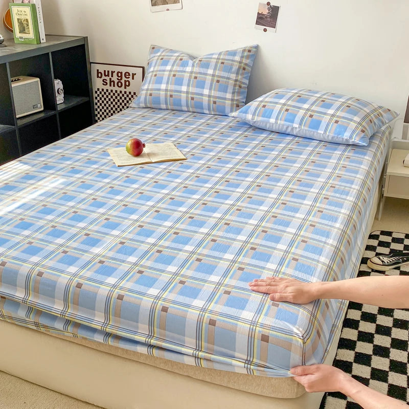 Plaid Style Fitted Sheet Skin-friendly Bed Cover Elastic Bedsheet for