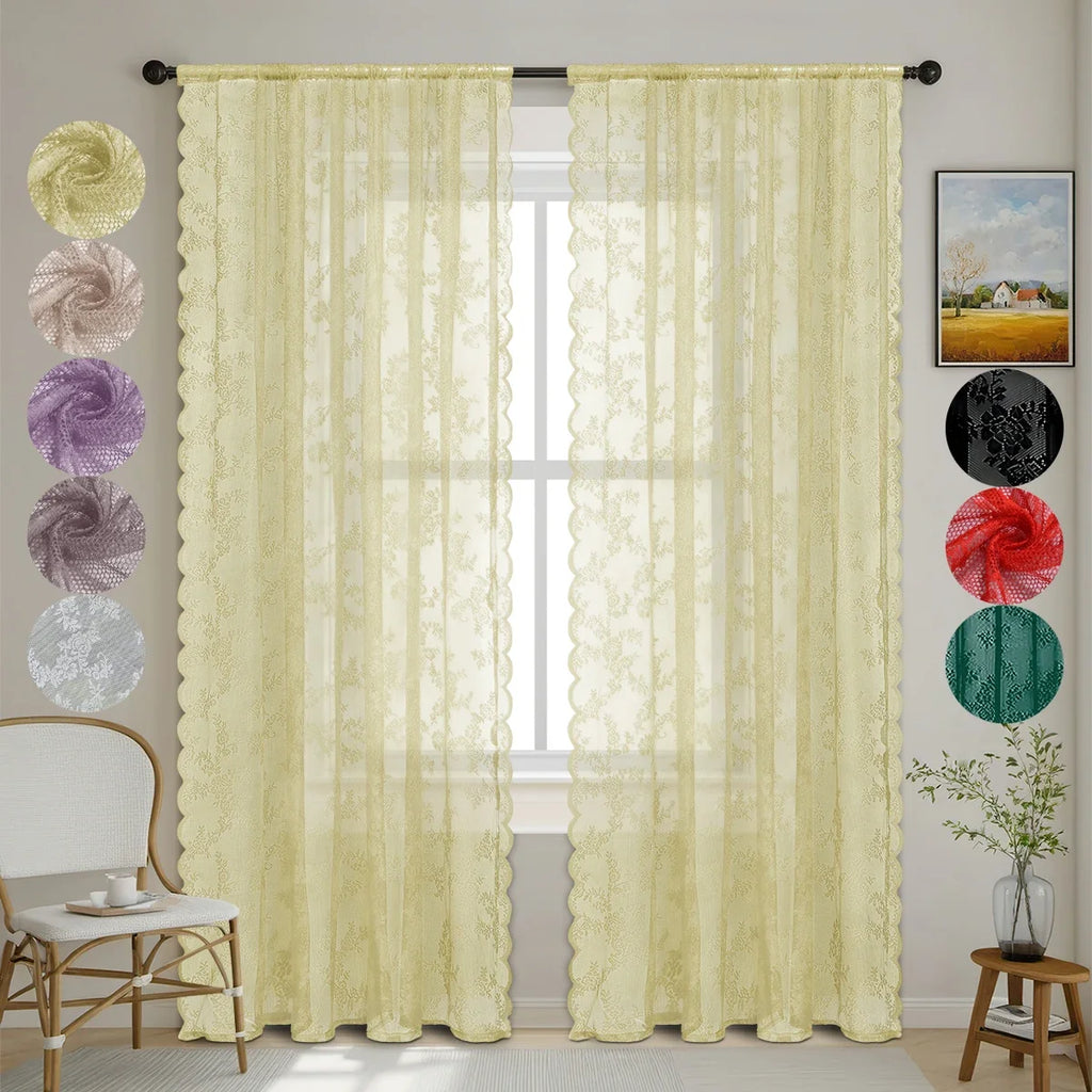 1pc Romantic Lace Sheer Curtain, Rod Pocket Flower Lace Window Curtains for Living Room
