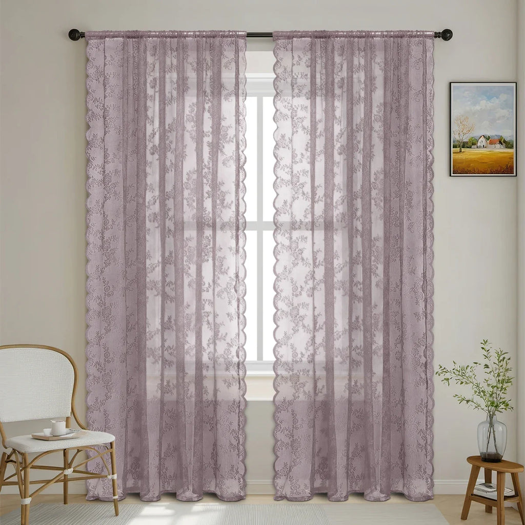 1pc Romantic Lace Sheer Curtain, Rod Pocket Flower Lace Window Curtains for Living Room