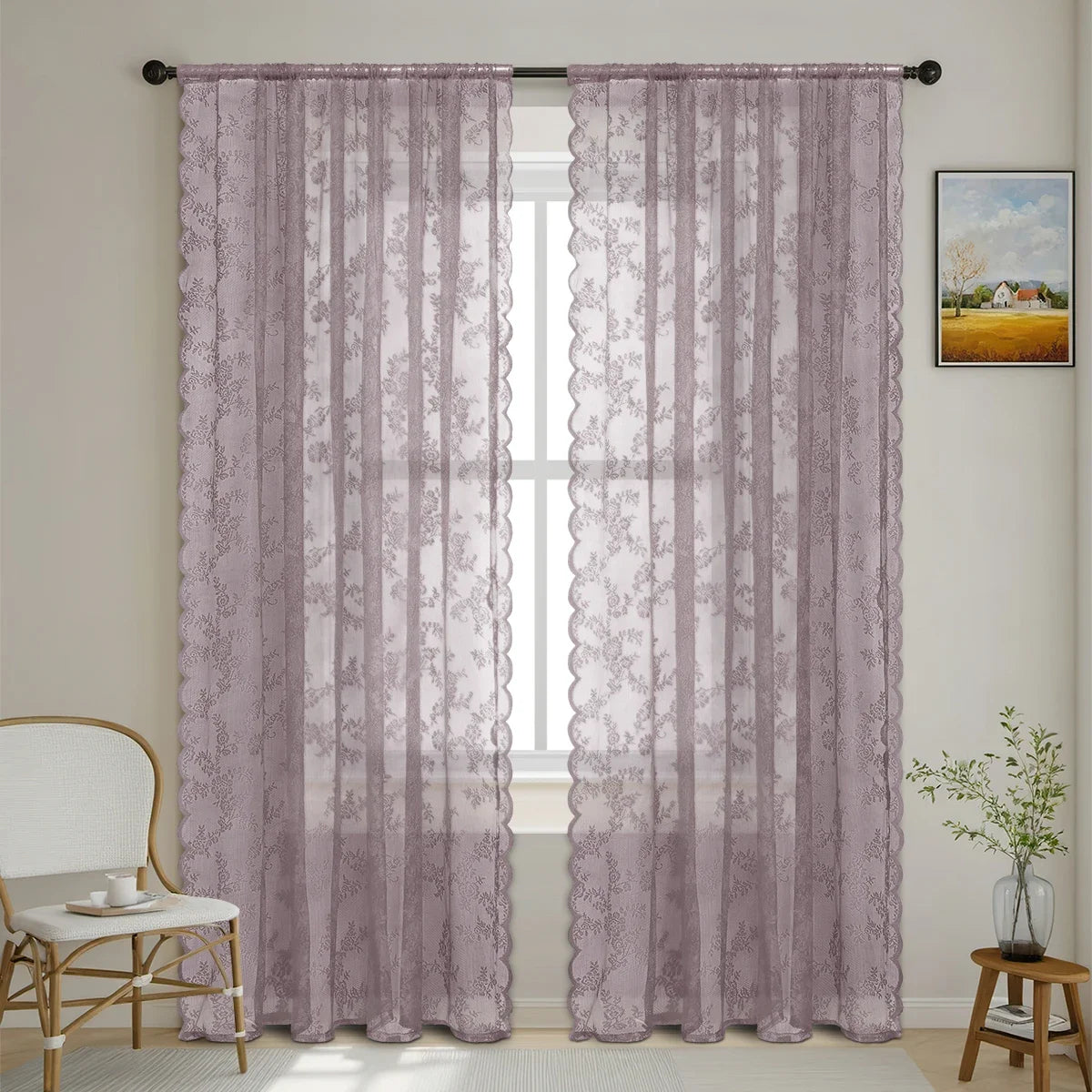 1pc Romantic Lace Sheer Curtain, Rod Pocket Flower Lace Window Curtains for Living Room