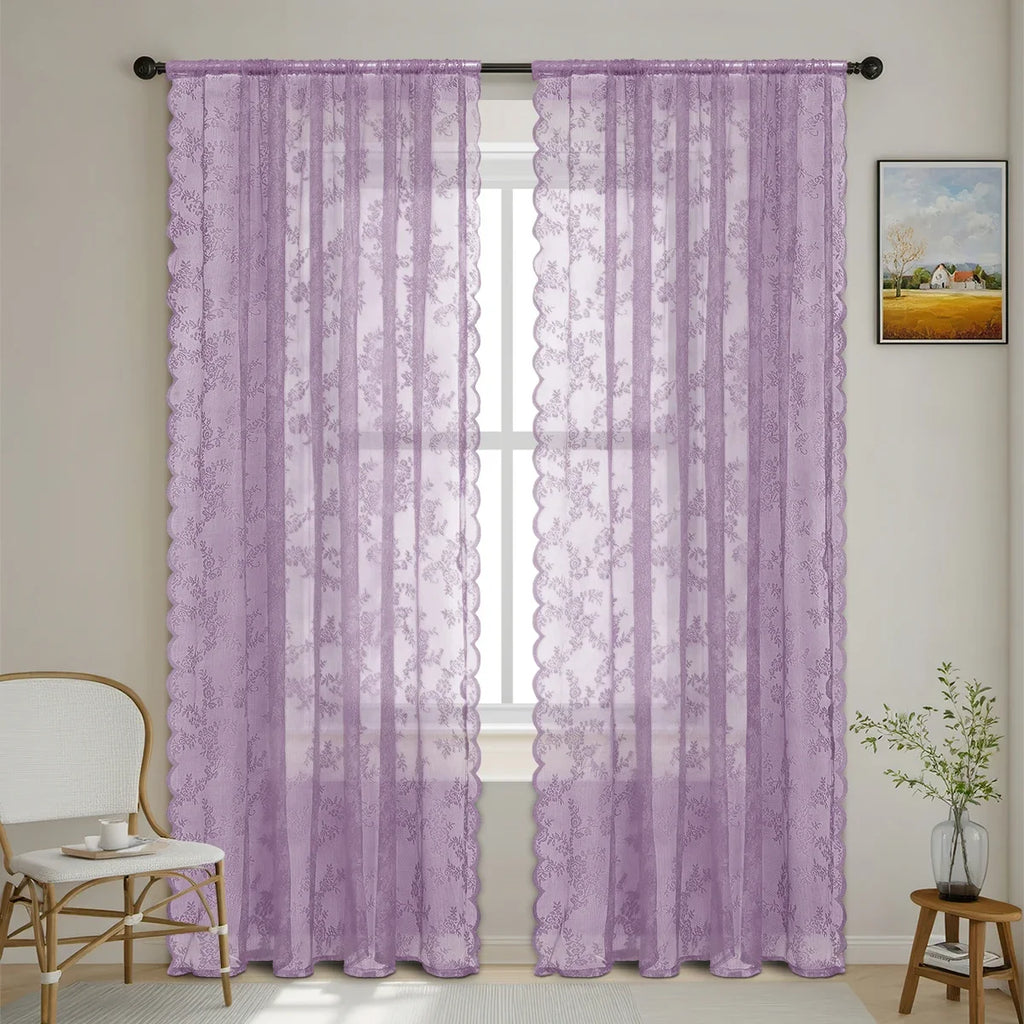 1pc Romantic Lace Sheer Curtain, Rod Pocket Flower Lace Window Curtains for Living Room